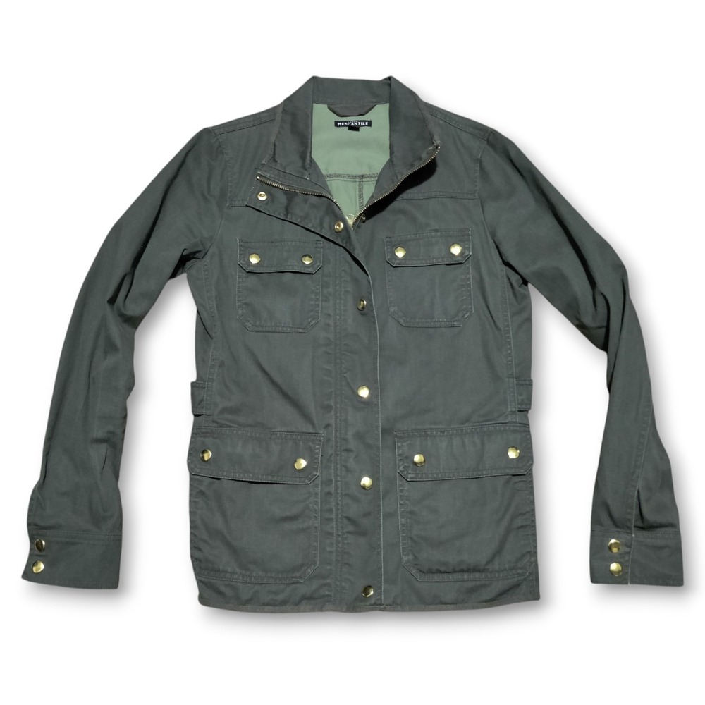 J Crew Jacket Womens XS Green Twill Field Jacket Downtown Coat Gold Button Coat